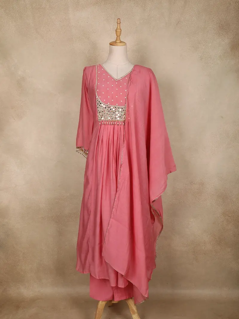 Peach Pink Mirror Work Embroidered Cotton Salwar Suit With Dupatta 1