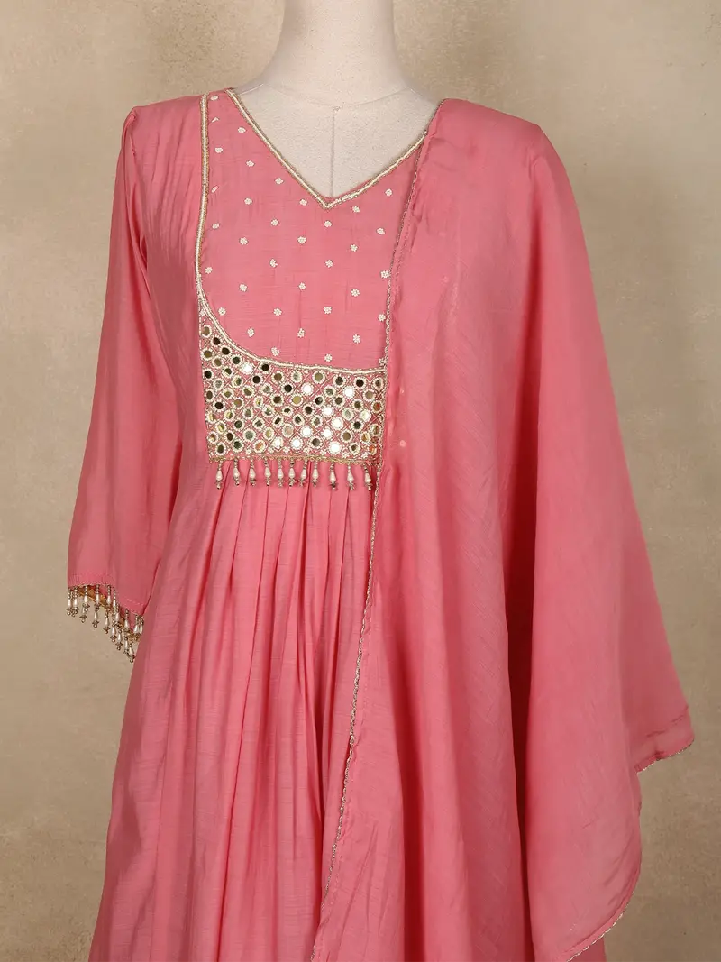 Peach Pink Mirror Work Embroidered Cotton Salwar Suit With Dupatta 2