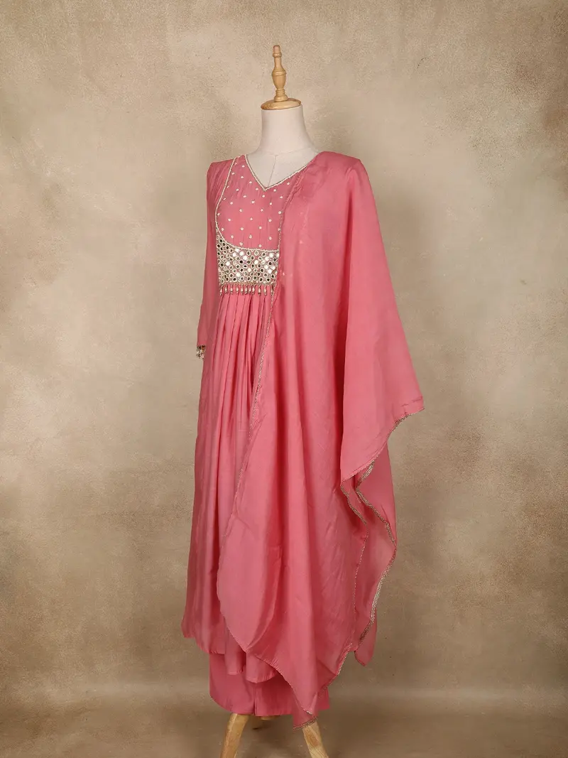 Peach Pink Mirror Work Embroidered Cotton Salwar Suit With Dupatta 3