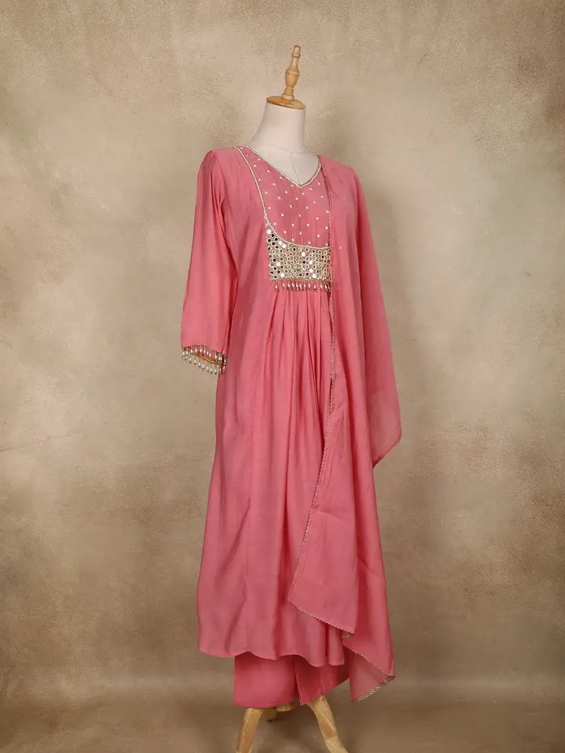 Peach Pink Mirror Work Embroidered Cotton Salwar Suit With Dupatta 4