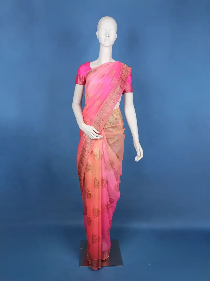Peach Pink Ombre Zari Sequin Embellishment Organza Saree 1