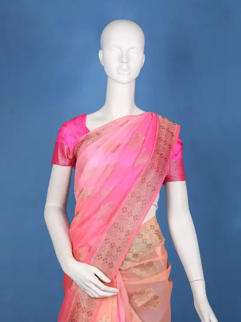 Peach Pink Ombre Zari Sequin Embellishment Organza Saree 2