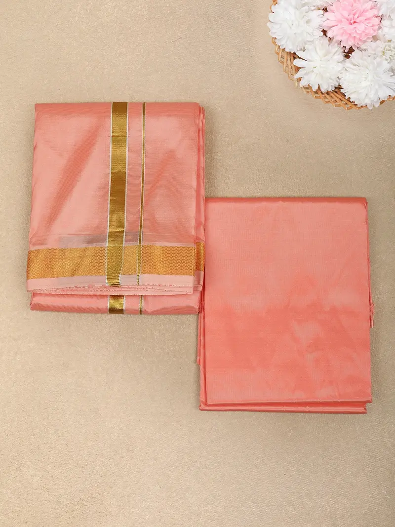 Peach Pink Solid Design Unstitched Shirt With Matching Dhoti Set With Zari Border 1