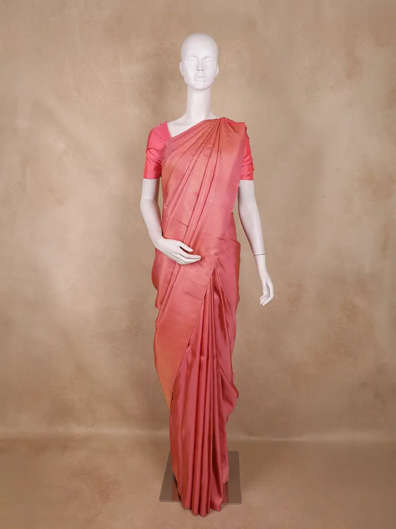Peach Pink Solid Woven Design Pure Kanchipuram Silk Saree 1