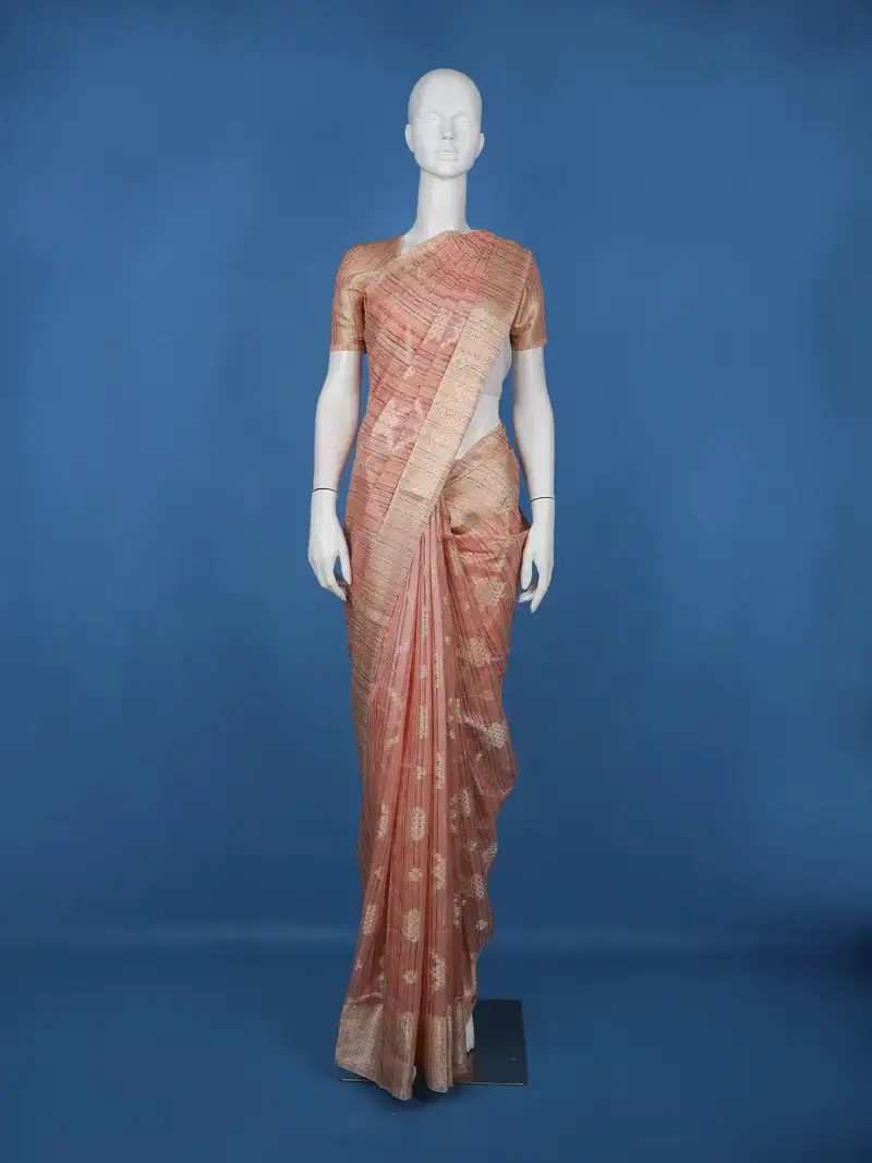 Peach Pink Striped Design Semi Tussar Saree With Contrast Pallu 1