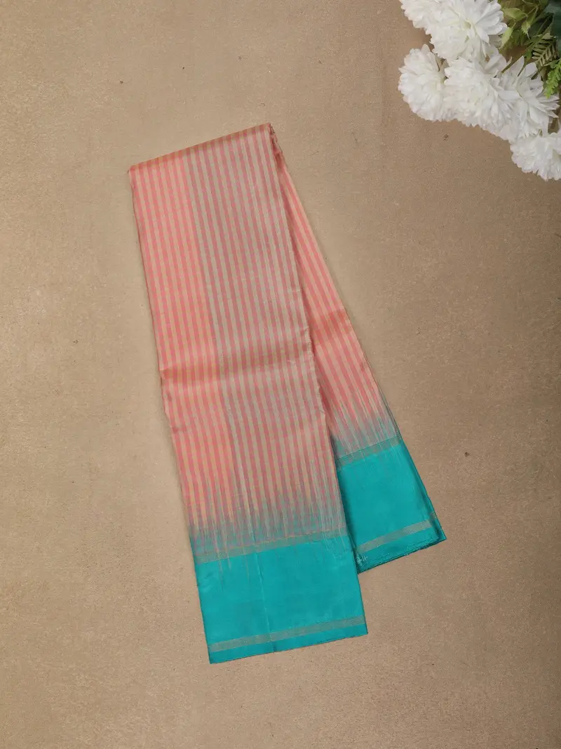 Peach Pink Striped Woven Design Kanchipuram Silk Saree With Contrast Border 1