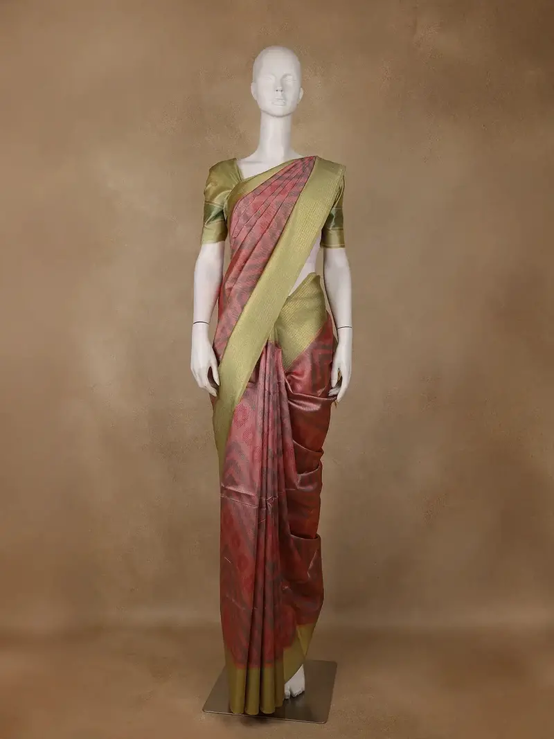 Peach Pink Zigzag Design Tussar Silk Saree With Contrast Border 1