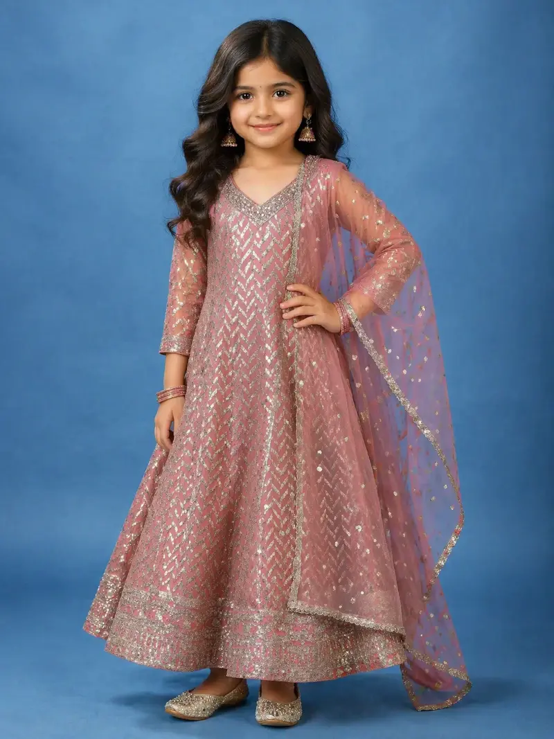 Peach Pink Zigzag Sequins Design Kids Georgette Gown 1