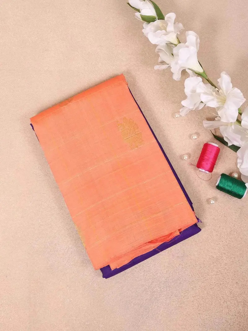 Peach Pure Kanchipuram Bridal Silk Saree With Flower Motif On The Body And Without Border 1