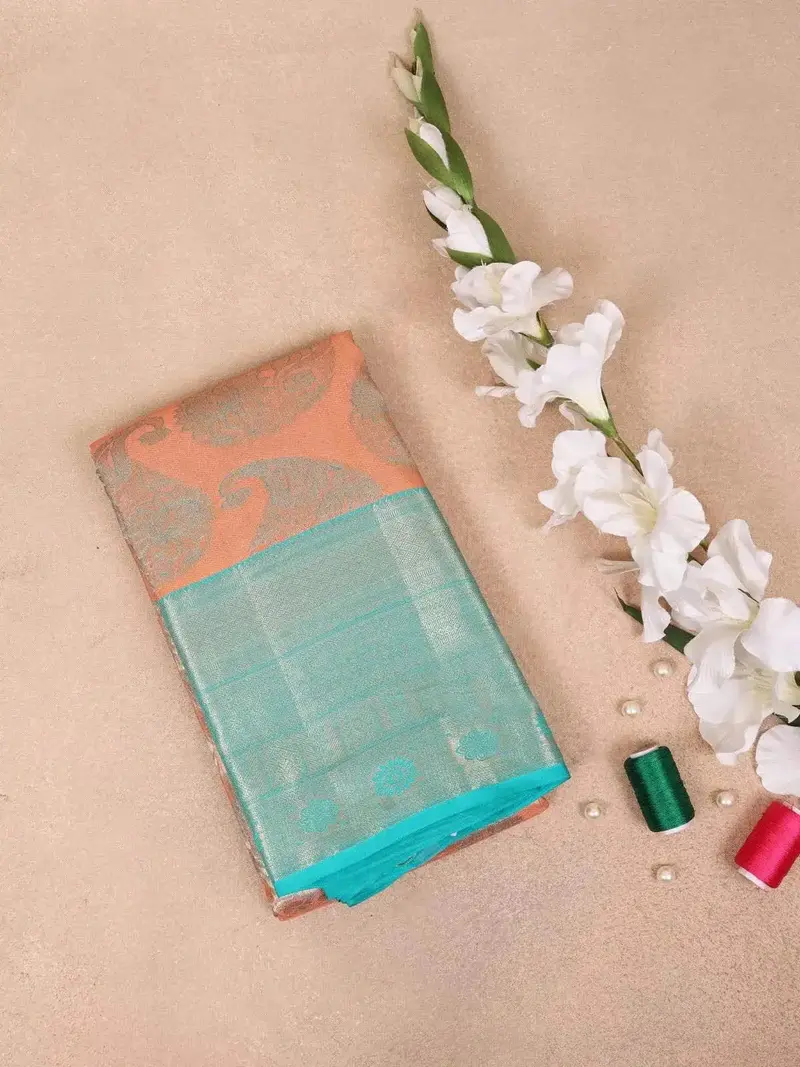 Peach Pure Kanchipuram Bridal Silk Saree With Paisley Jacquard Design On The Body With Contrast Border 1