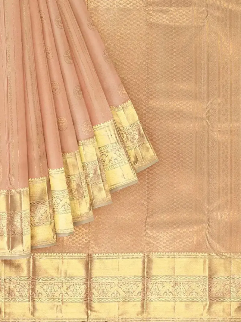 Peach Pure Kanchipuram Bridal Silk Saree With Stripes And Zari Butta On The Body And Zari Border 1