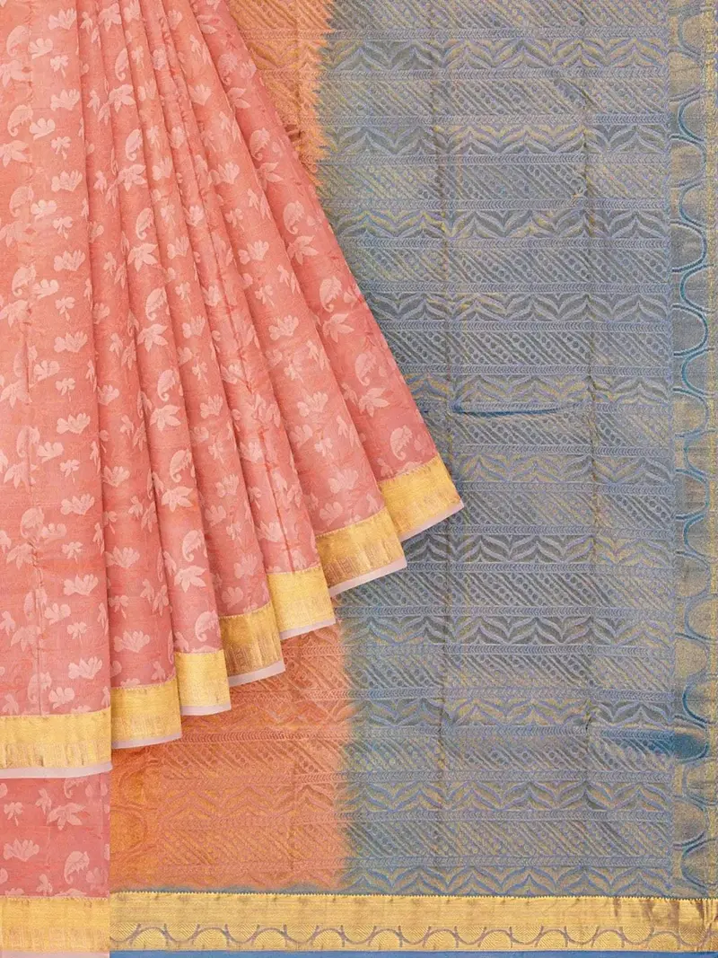 Peach Pure Kanchipuram Silk Saree With Floral Design And Contrast Zari Border 1