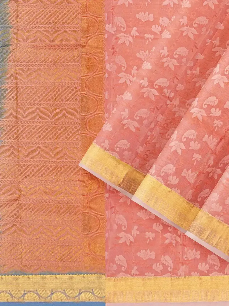 Peach Pure Kanchipuram Silk Saree With Floral Design And Contrast Zari Border 2