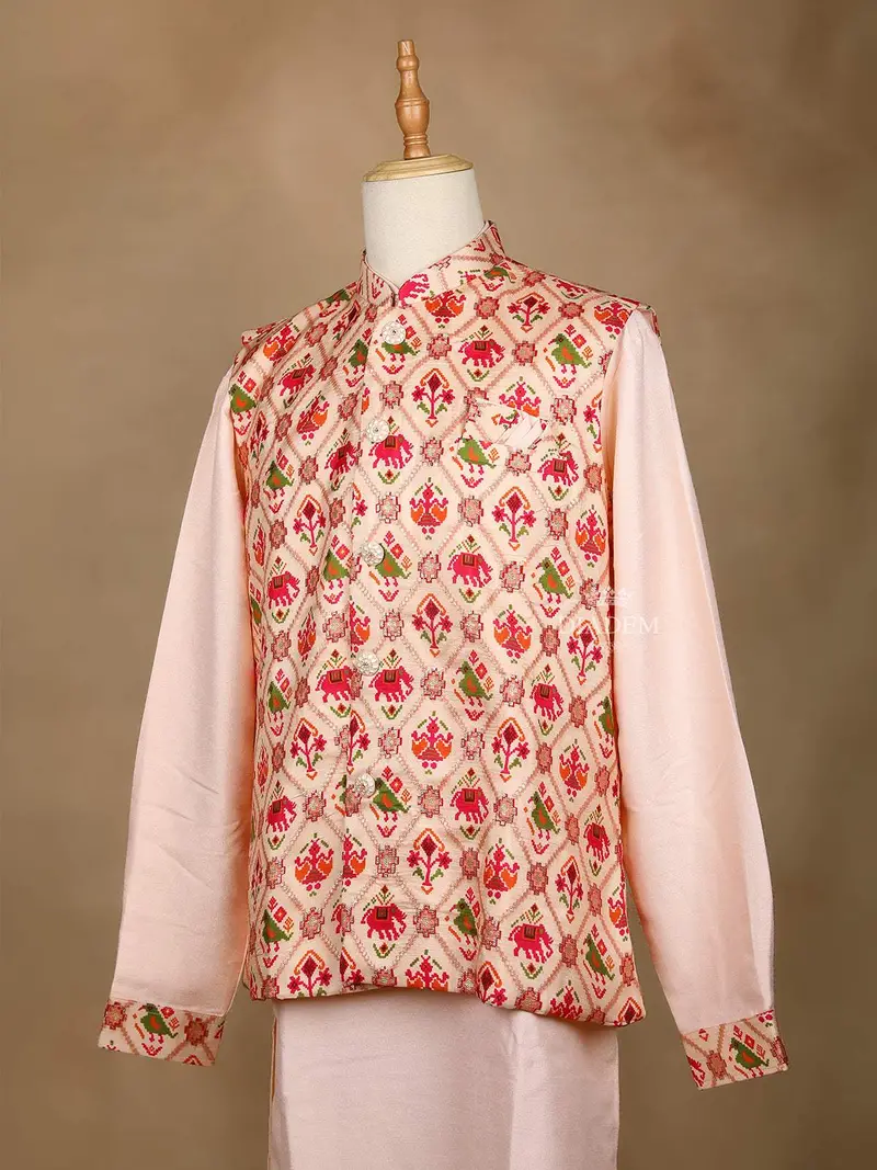 Peach Raw Silk Embroidery Indo-Western Sherwani Suit, With Pant 1