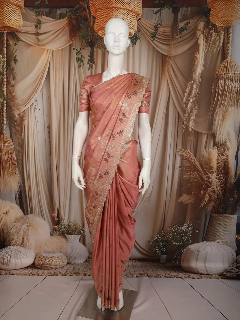 Peach Rose Floral Embroidered Design Satin Saree With Designer Border 1