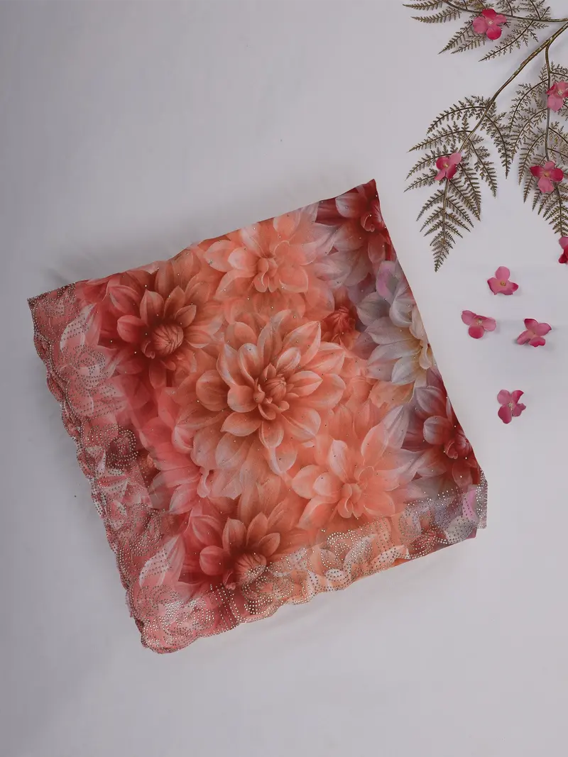 Peach Rust Floral Printed Chiffon Saree With Stone Embellished Scallop Border 1