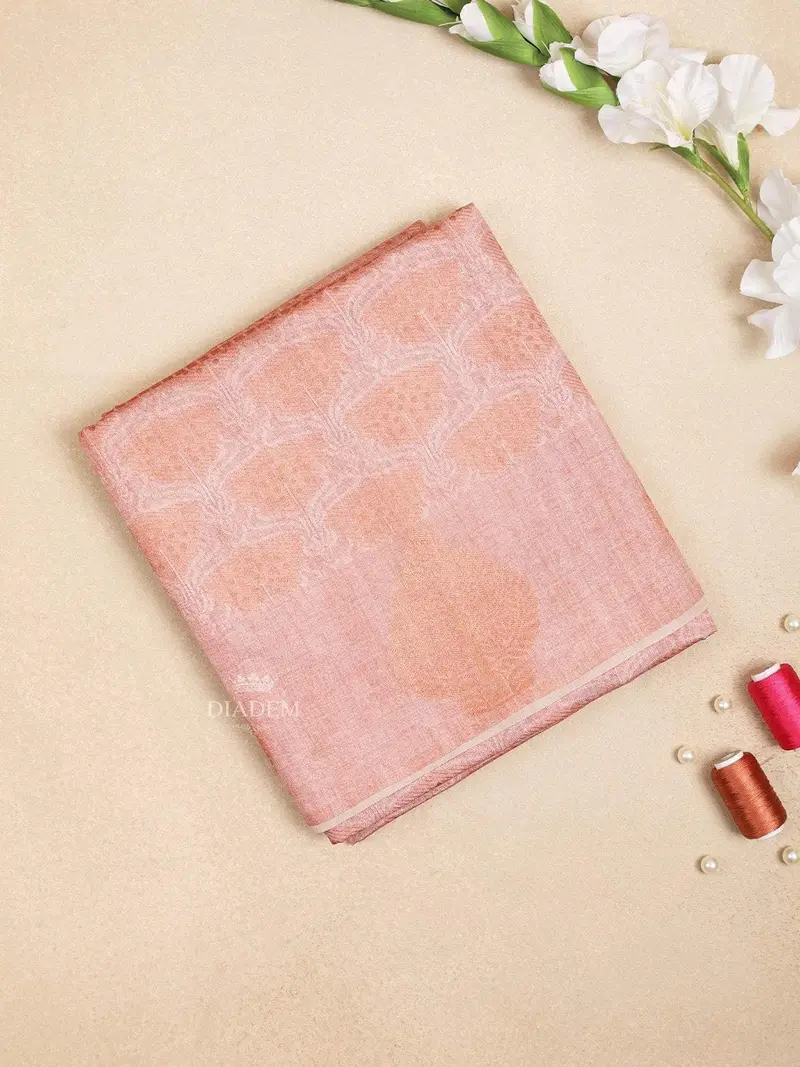 Peach Semi Tussar Silk Saree With Floral Design On The Body And Without Border 1