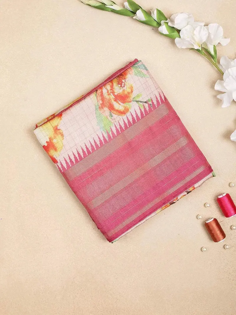 Peach Semi Tussar Silk Saree With Floral Design On The Body With Contrast Border 1