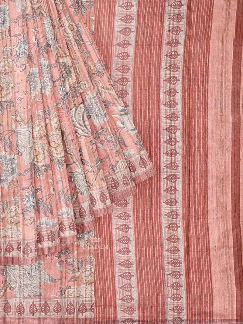 Peach Semi Tussar Silk Saree With Floral Prints On The Body And Printed Border 1