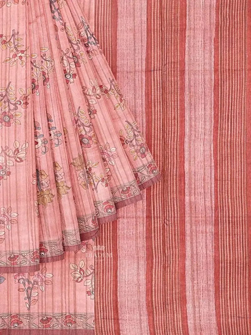 Peach Semi Tussar Silk Saree With Floral Prints On The Body And Printed Border 1