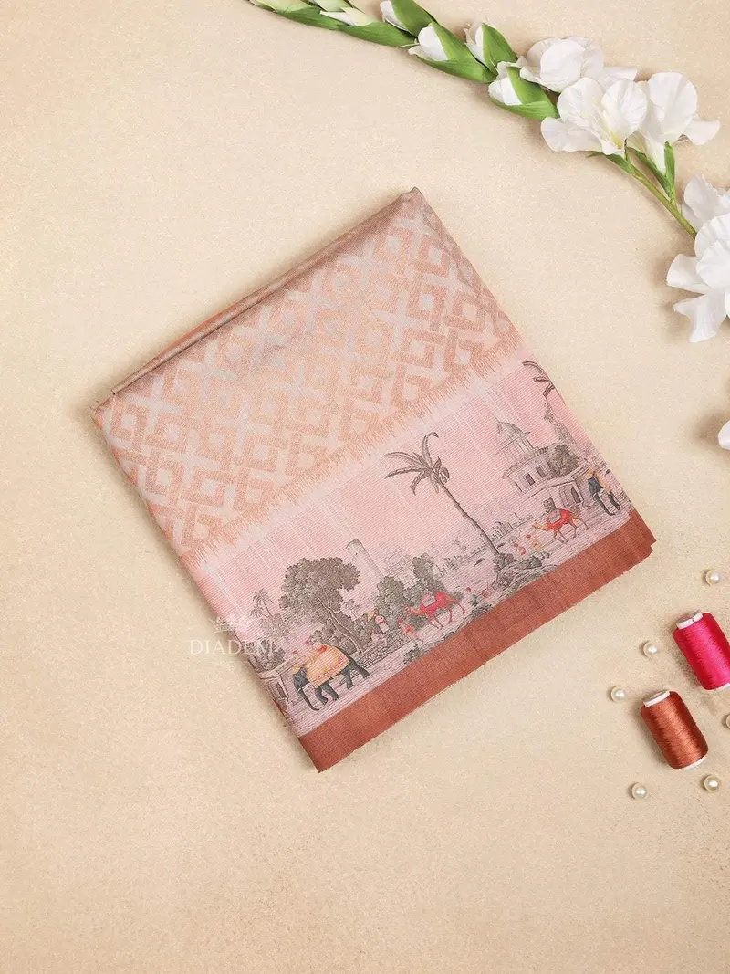 Peach Semi Tussar Silk Saree With Geometric Design On The Body With Designed Border 1