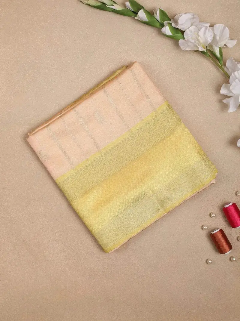 Peach Semi Tussar Silk Saree With Pineapple And Stripes Design On The Body With Zari Border 1