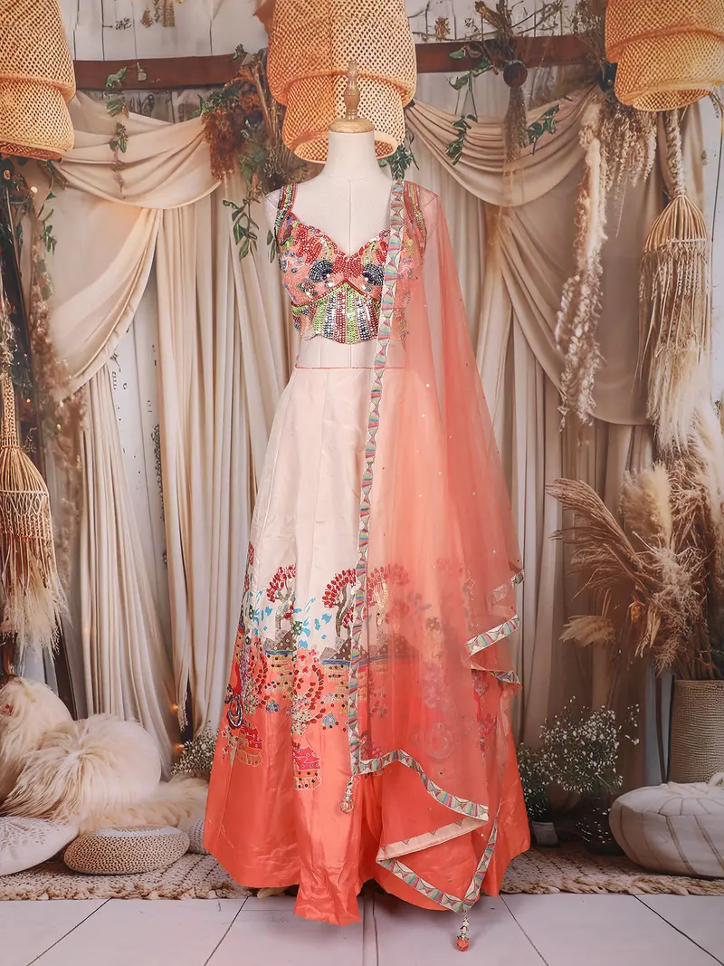 Peach Sequins And Bead Embroidered Tissue Silk Lehenga Set With Net Dupatta 1