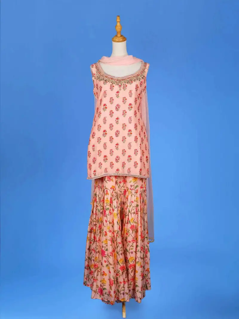 Peach Sharara Salwar Suit For Women Adorned With Floral Printed Designs, With Sleeveless Top 1