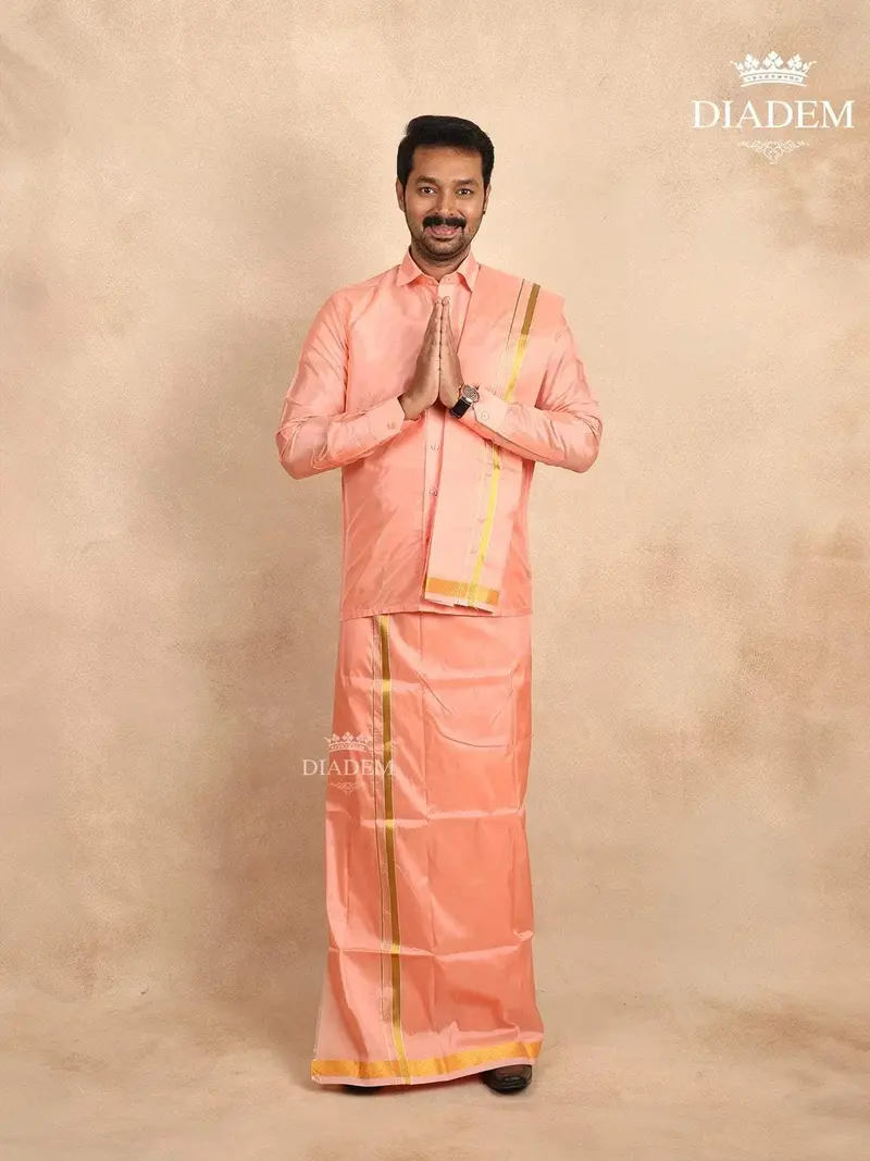 Peach Silk Dhoti With Shirt Paired With Towel 1