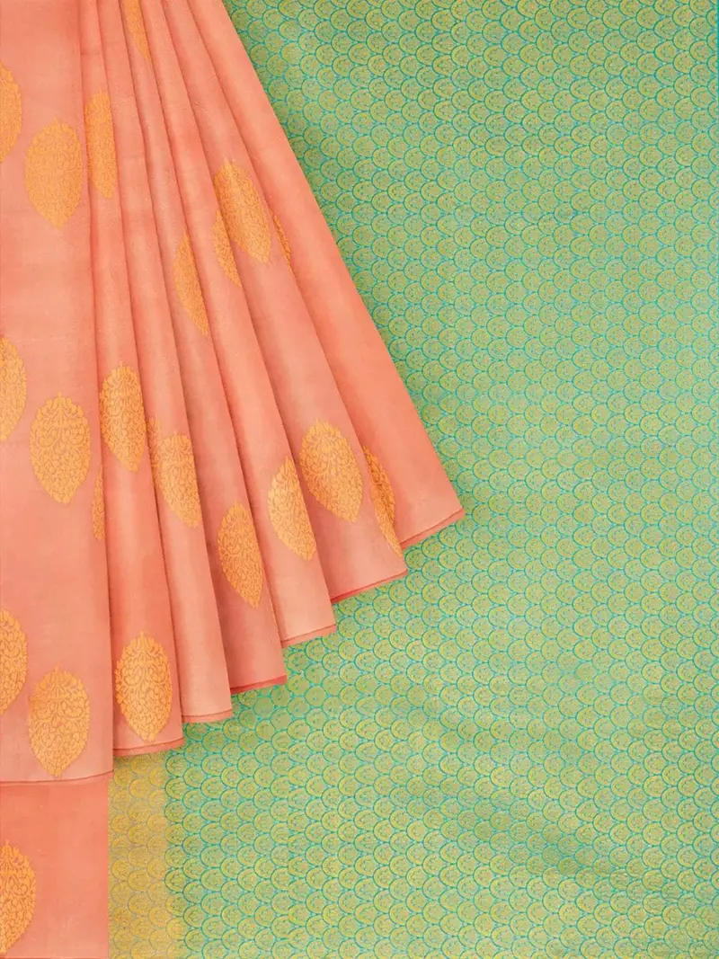 Peach Silk Saree With Zari Butta On The Body And Without Border 1