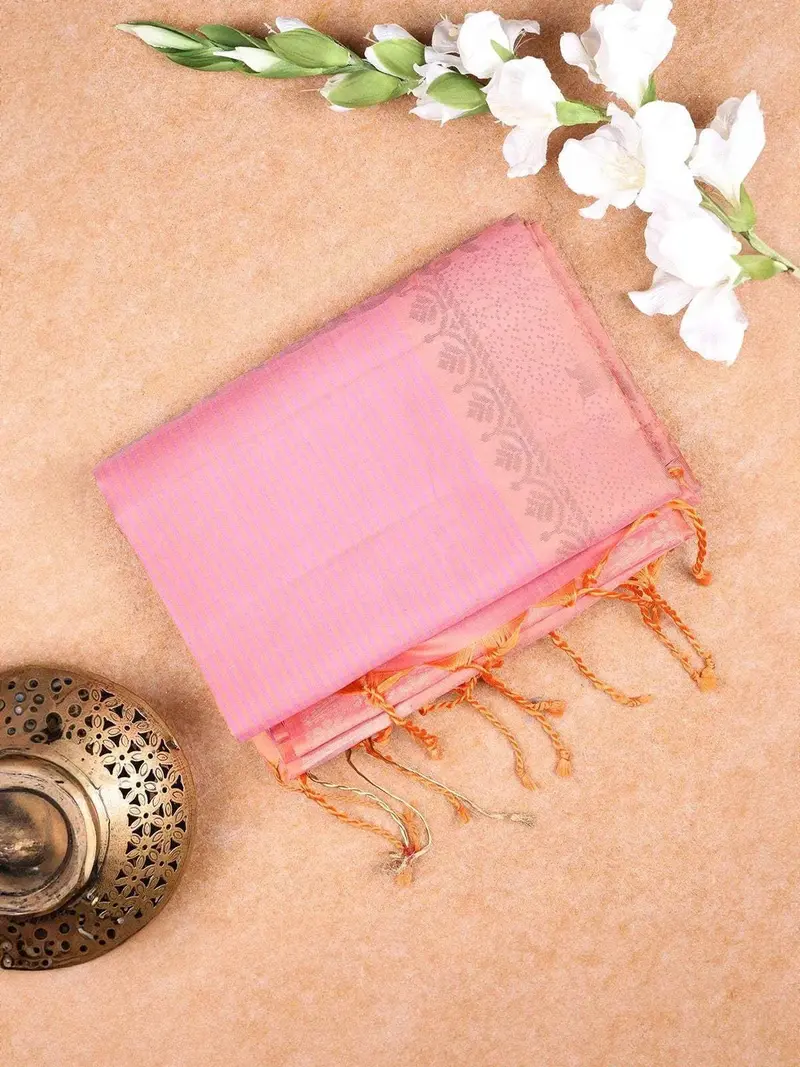 Peach Soft Silk Saree With Striped Design On The Body And Without Border 1