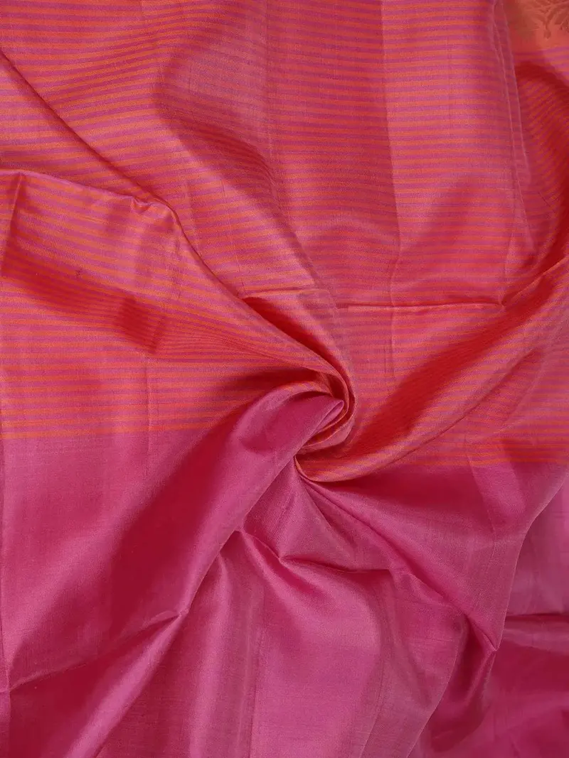 Peach Soft Silk Saree With Striped Design On The Body And Without Border 2
