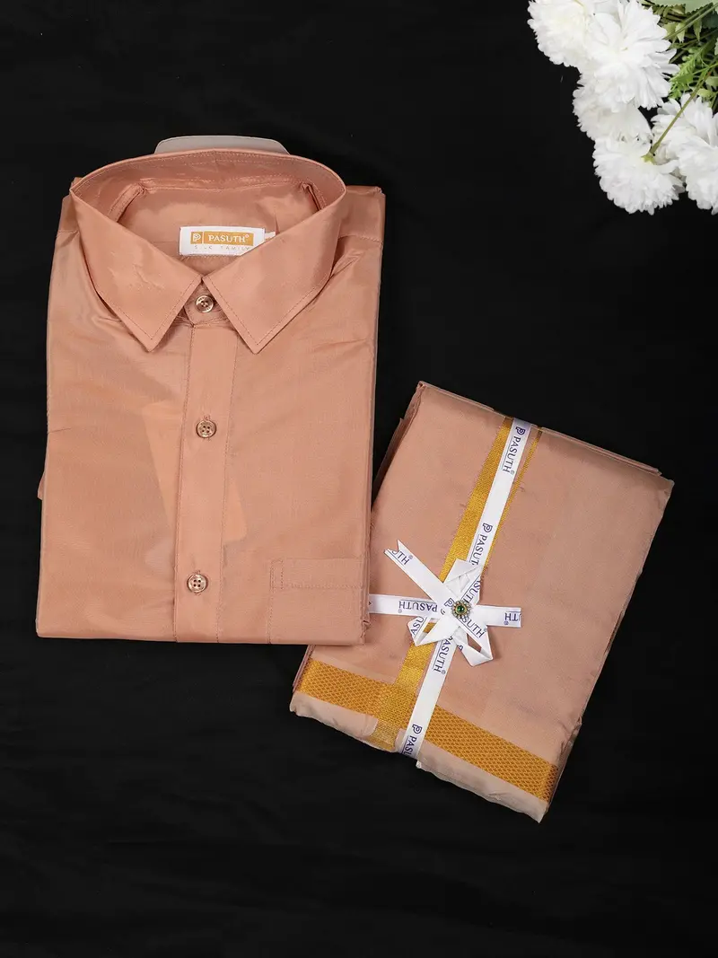 Peach Solid Design Dhoti Shirt Set With Gold Zari Border 1
