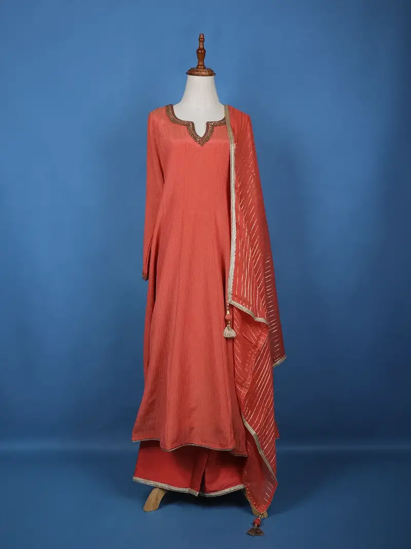 Peach Solid Zardosi Worked Semi Silk Salwar Suit 1