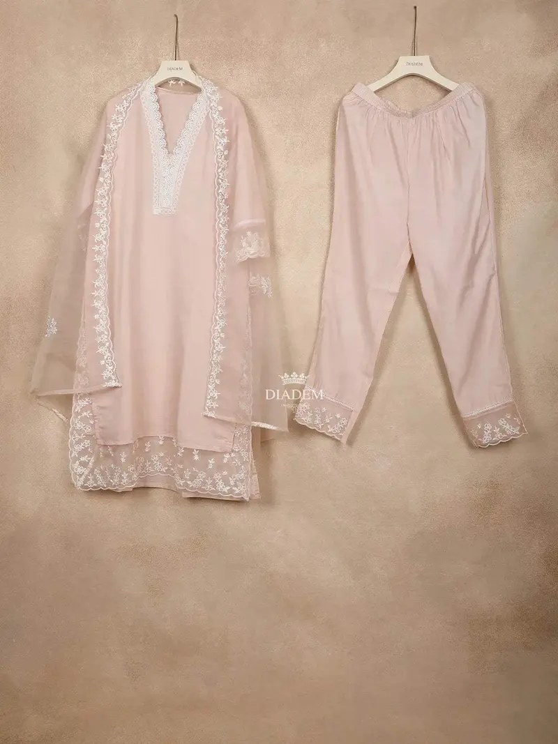 Peach Straight Cut Salwar Suit Adorned With Plain Design And Laced Neck With Dupatta 1