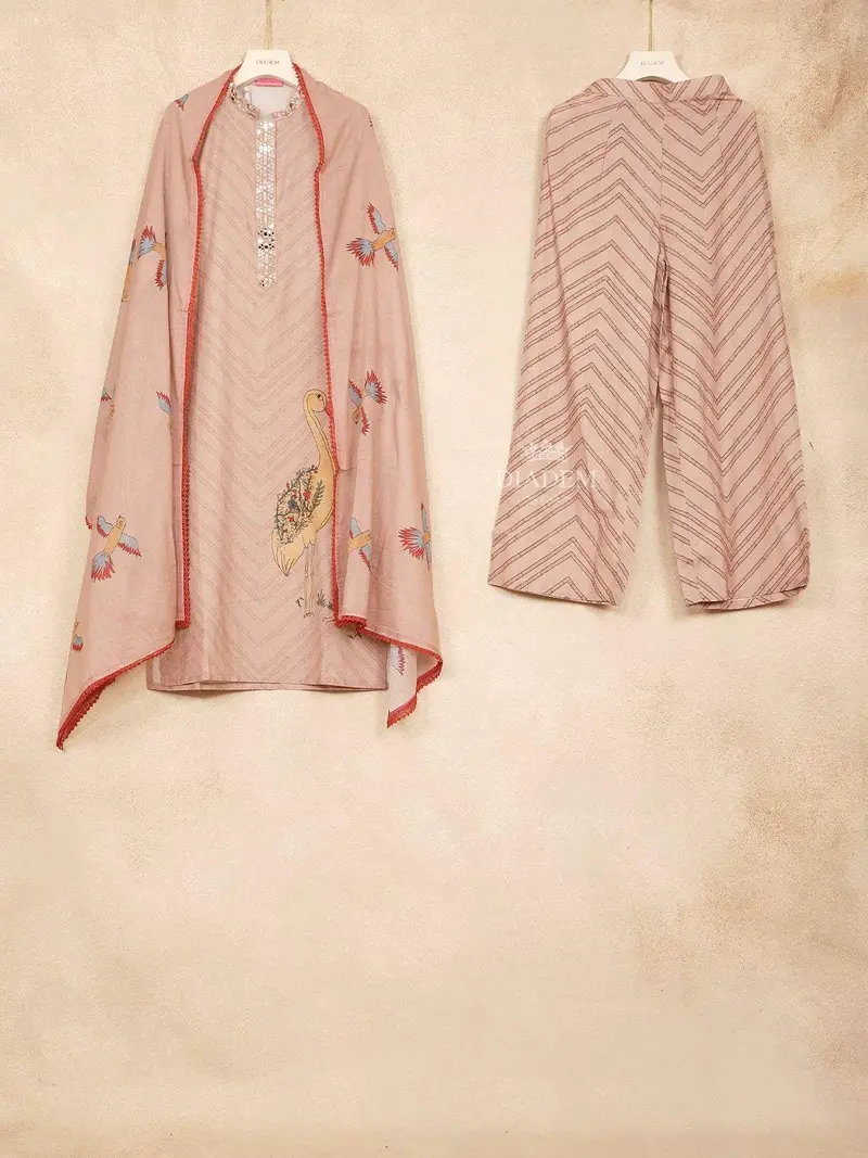 Peach Straight Cut Salwar Suit Adorned With Sequins And Stripes Design Paired With Dupatta 1