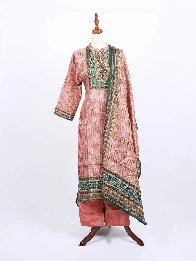 Peach Straight Cut Salwar Suit For Women Adorned With Beads And Prints Along With Dupatta 1