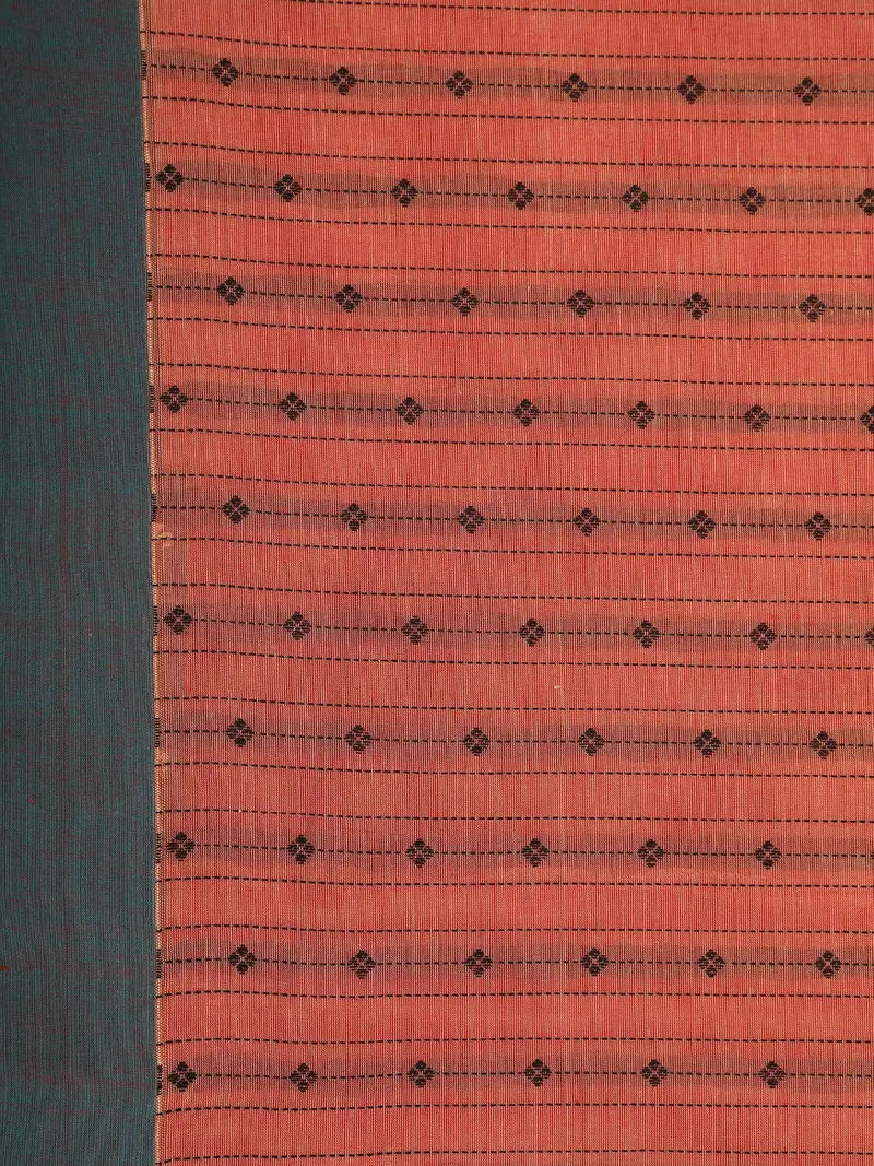 Peach Stripes Design Cotton Saree With Contrast Green Border 2