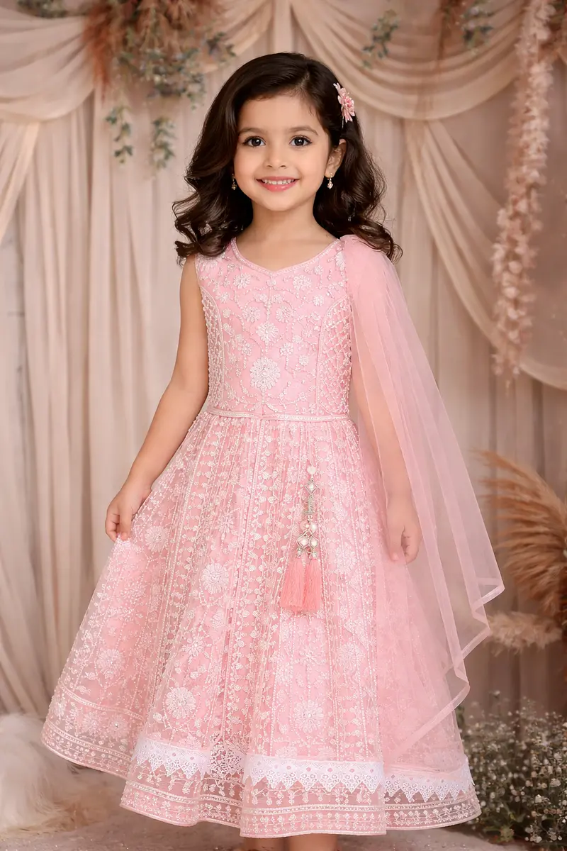 Peach Thread And Sequins Embroidered Design Kids Net Lehenga 1