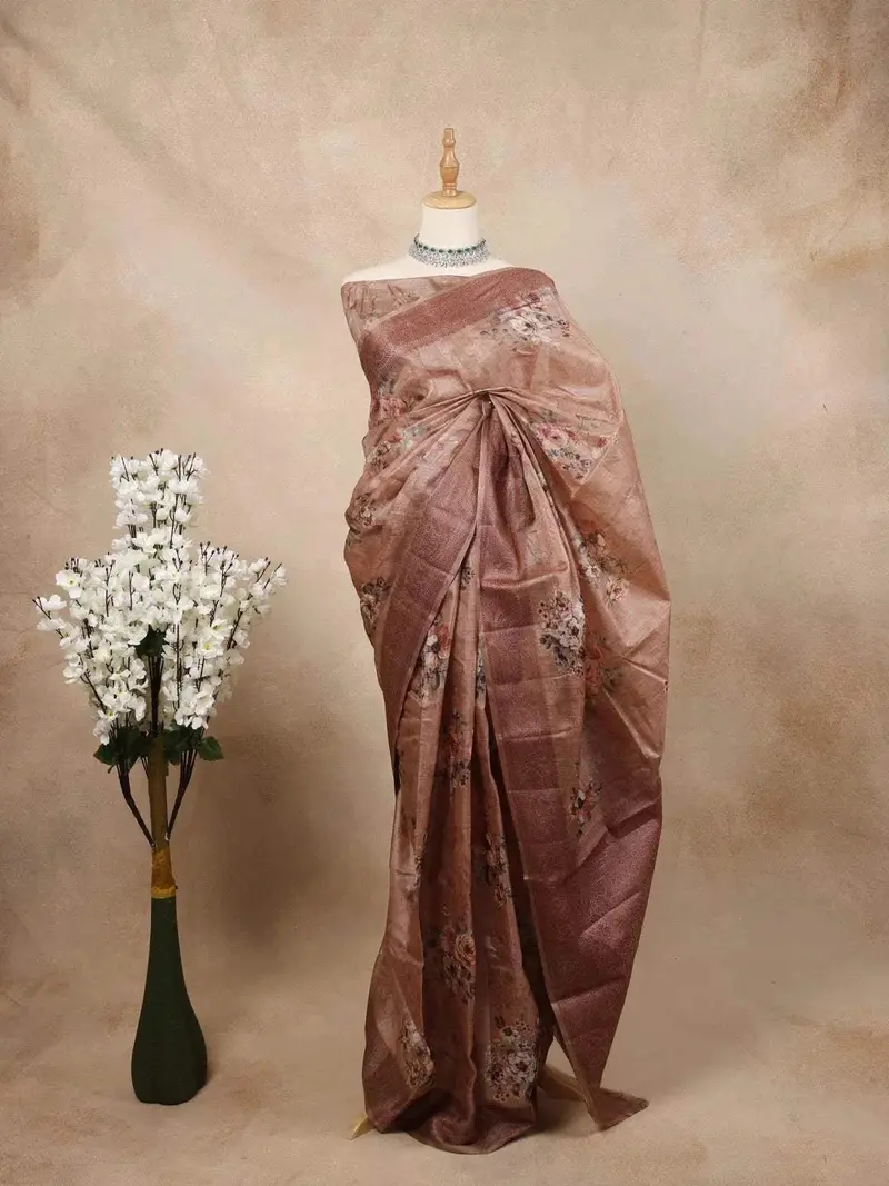 Peach Tussar Silk Saree With Floral Prints On The Body And Thread Border 1