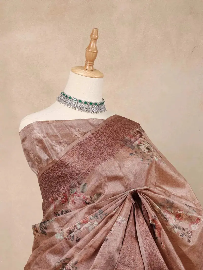 Peach Tussar Silk Saree With Floral Prints On The Body And Thread Border 2