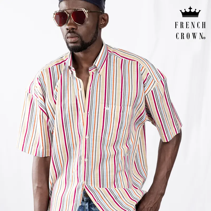 Peach With Debian Pink Multicolour Striped Lightweight Premium Cotton Oversized Shirt 1