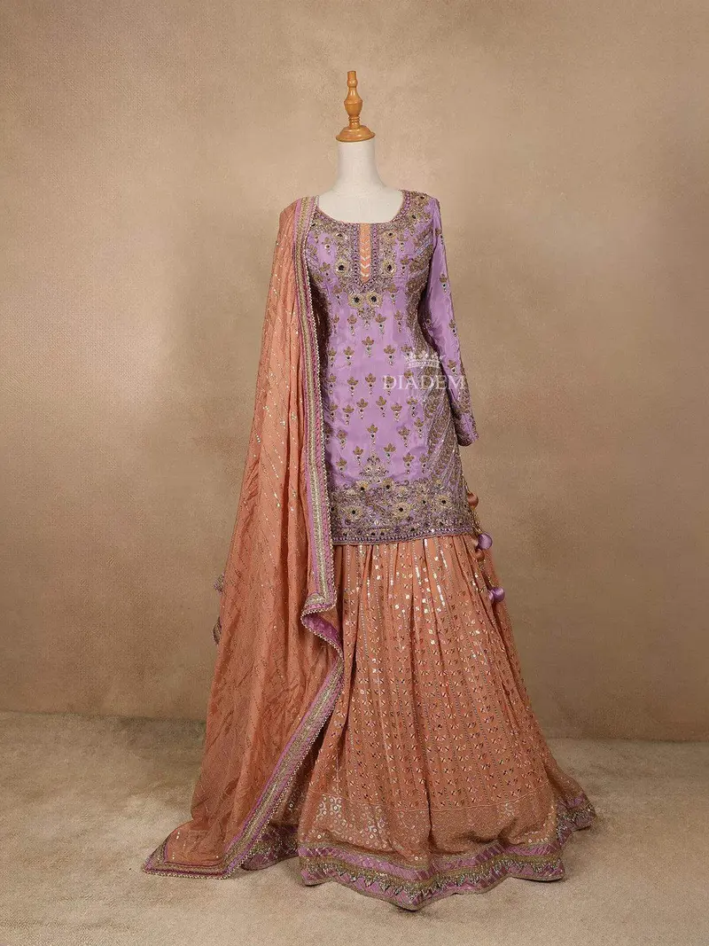 Peach With Lavender Georgette Lehenga Embellished With Floral Embroidery Paired With Dupatta 1