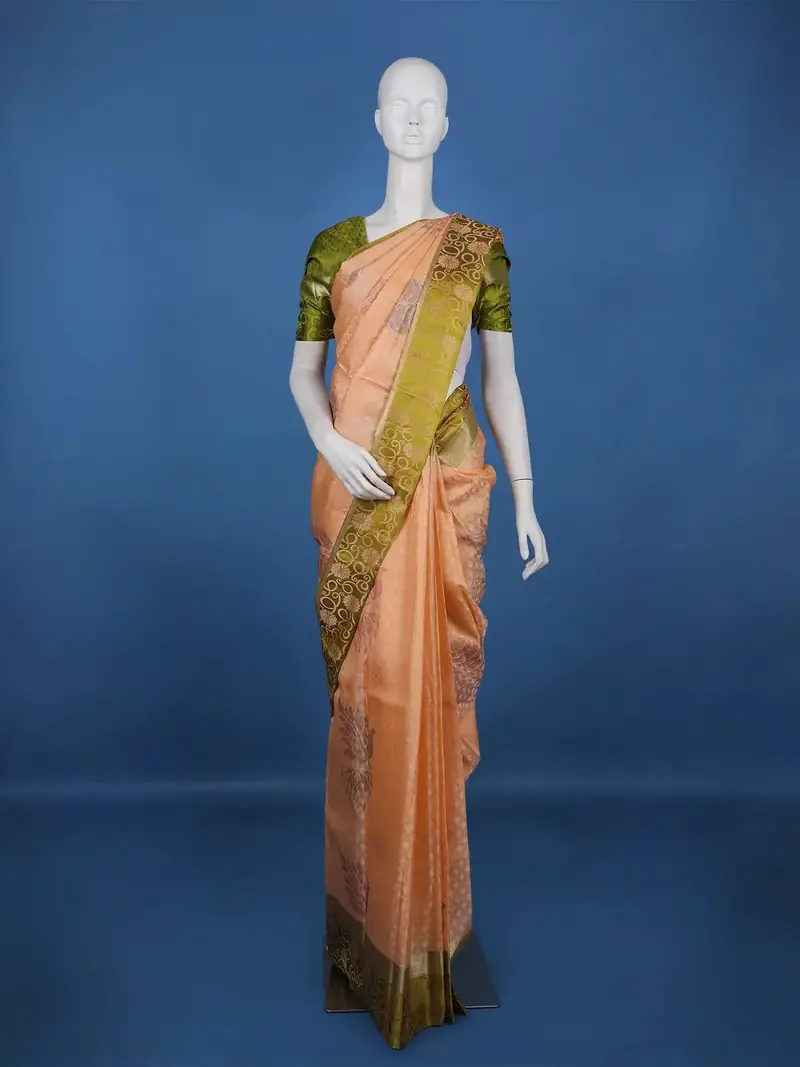 Peach Woven Design Pure Kanchipuram Silk Saree With Olive Green Floral Zari Border 1