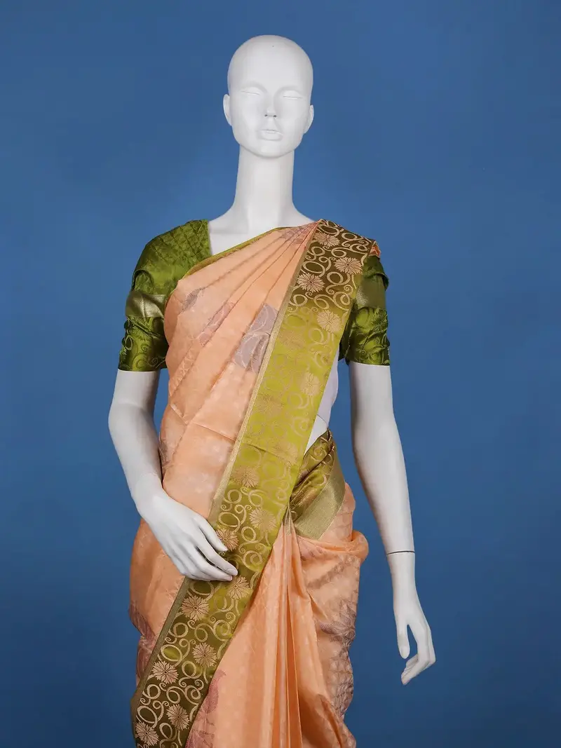 Peach Woven Design Pure Kanchipuram Silk Saree With Olive Green Floral Zari Border 2