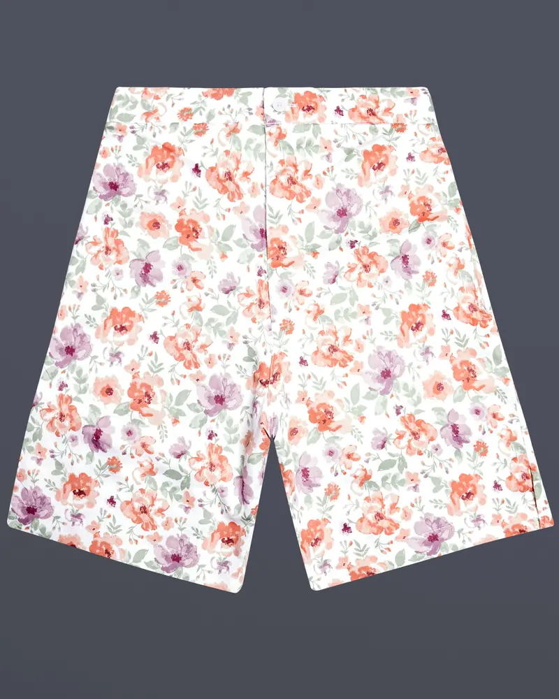 Peachy And Bright White Foral Printed Subtle Sheen Super Soft Premium Cotton Shorts 1