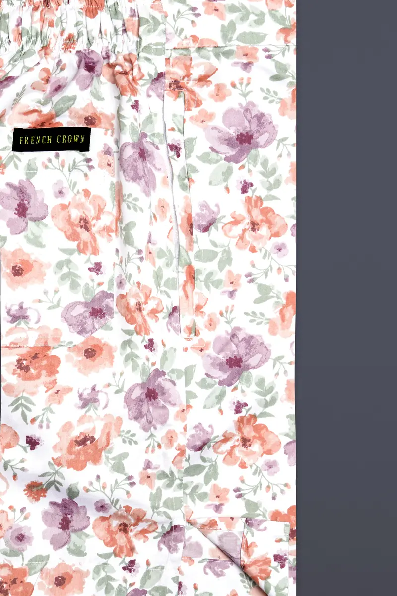 Peachy And Bright White Foral Printed Subtle Sheen Super Soft Premium Cotton Shorts 5