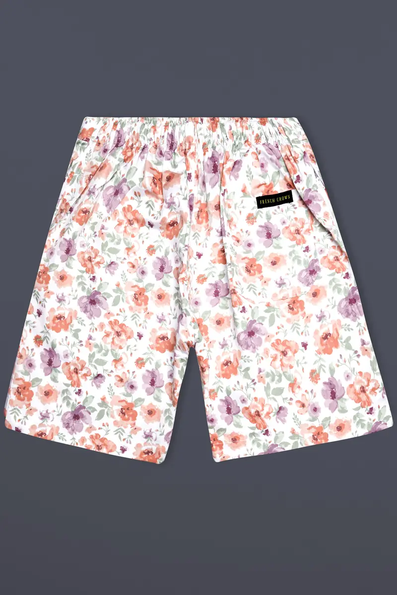 Peachy And Bright White Foral Printed Subtle Sheen Super Soft Premium Cotton Shorts 6