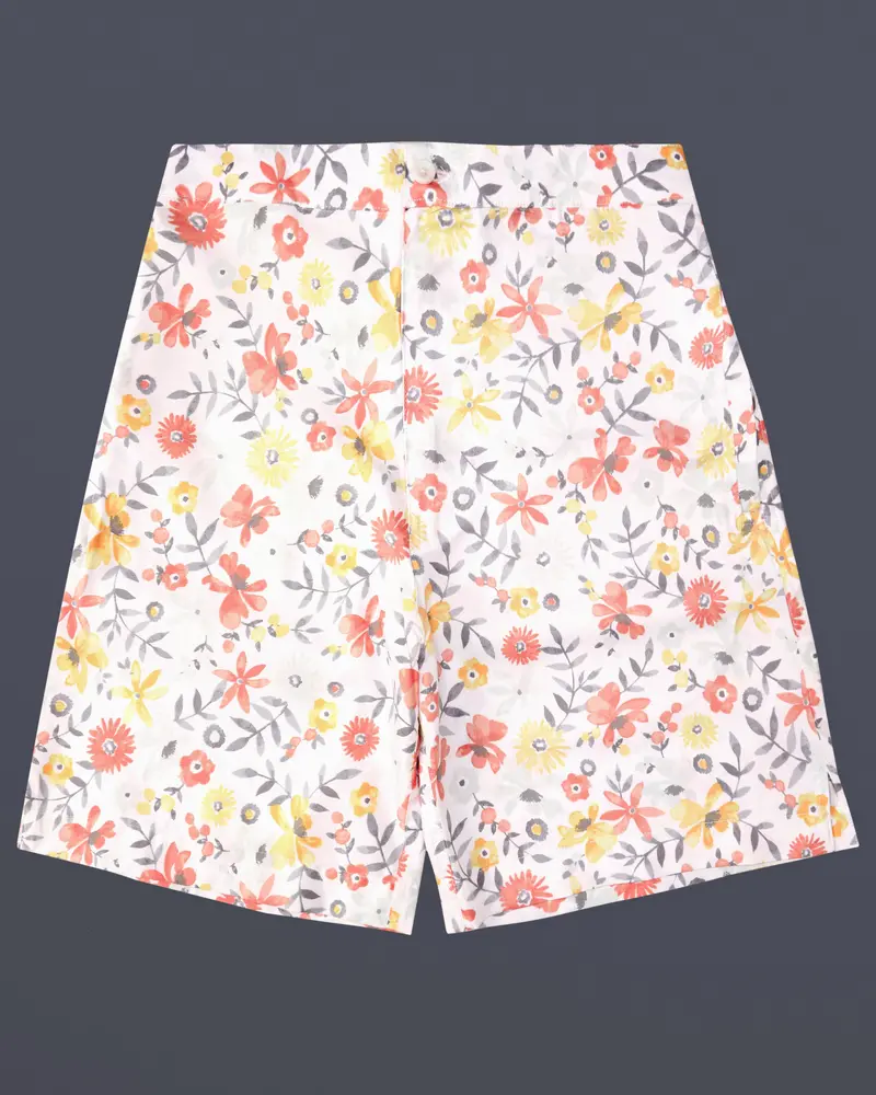 Peachy Peach And Bright White Foral Printed Super Soft Premium Cotton Shorts 1