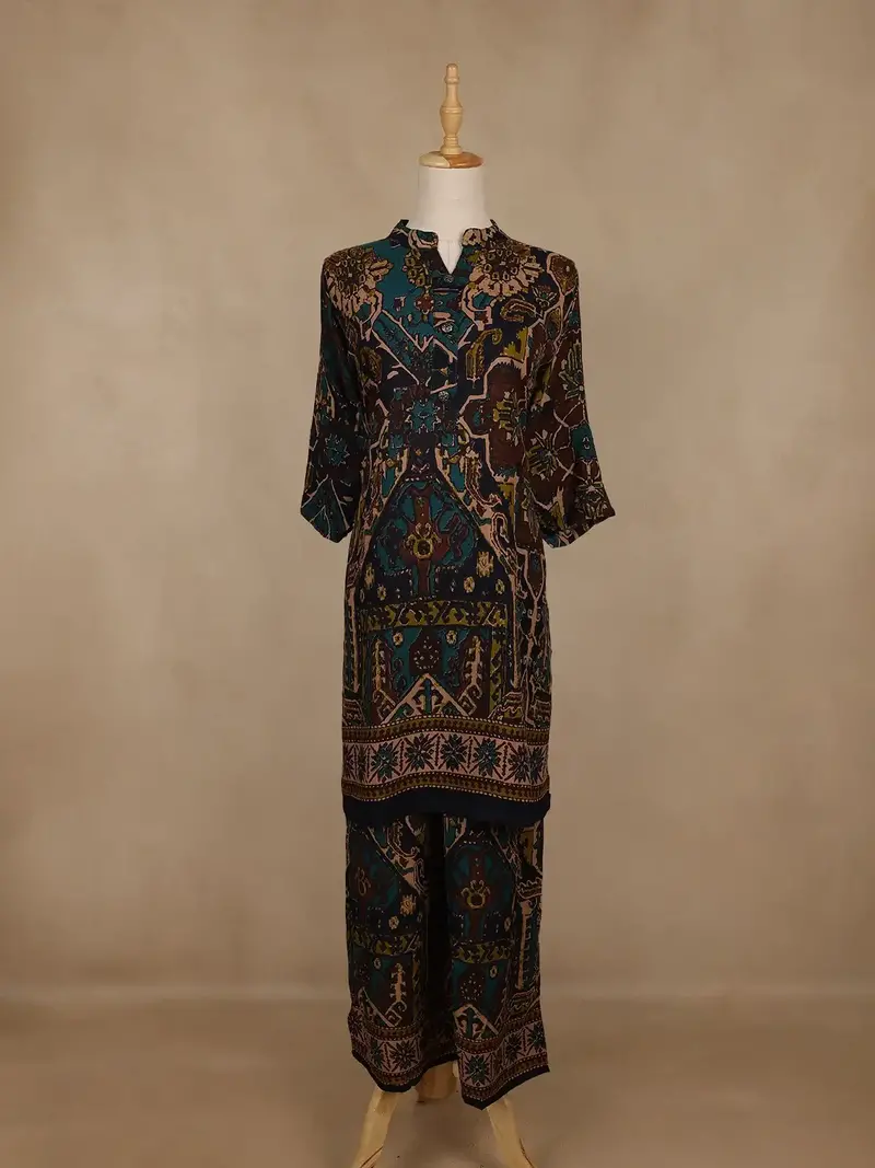 Peacock Blue Abstract Printed Cotton Palazzo Suit 1